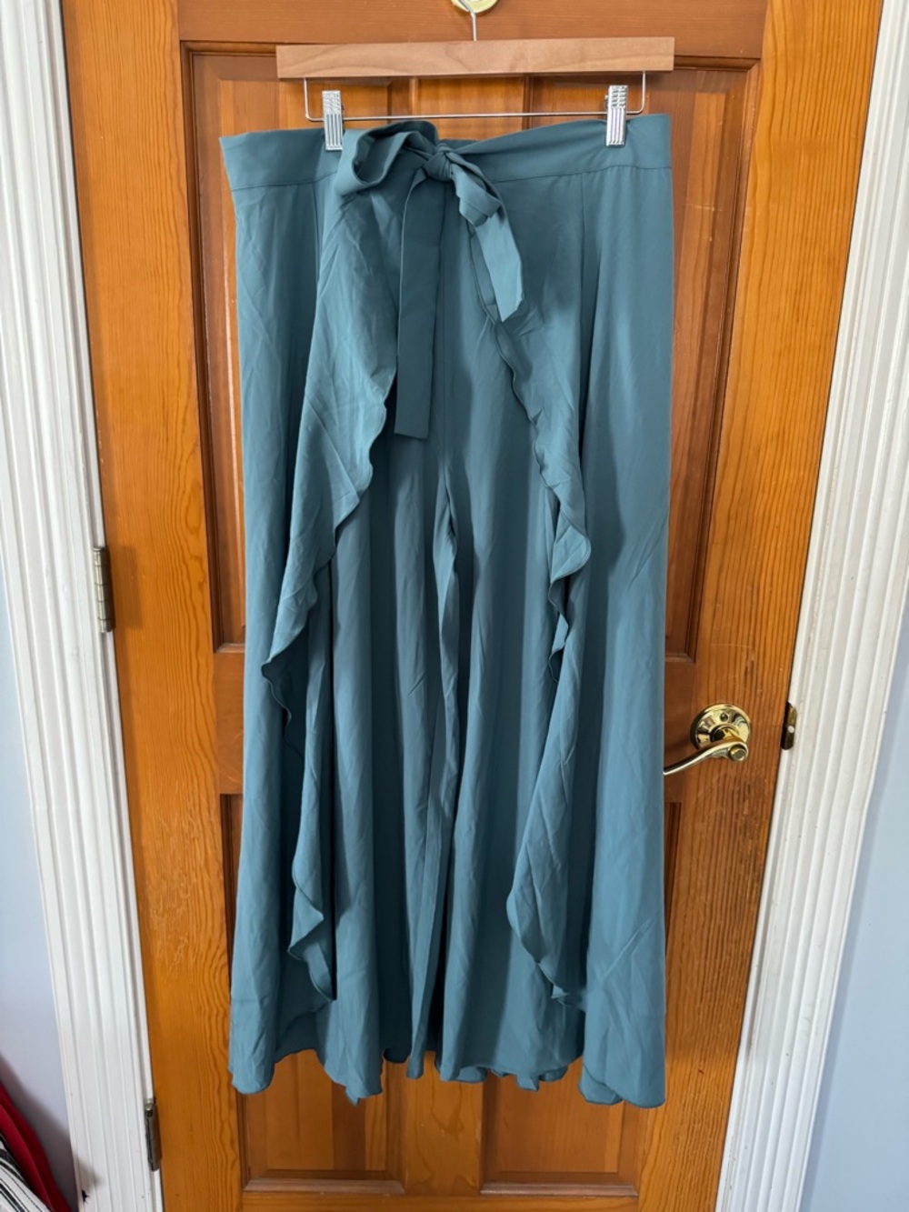 HALARA Teal Wide-Leg Ruffle-Trim Jumpsuit Pants with Self Tie